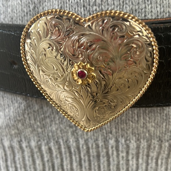 al beres  Engraved Heart Buckle Black Moc Croc Leather Belt   M/37” - Picture 2 of 10